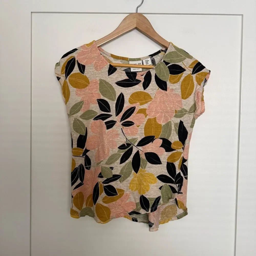 Rachel Zoe Top Womens Sz M Floral Leaves Sleeveless 100% Linen Pullover Resort